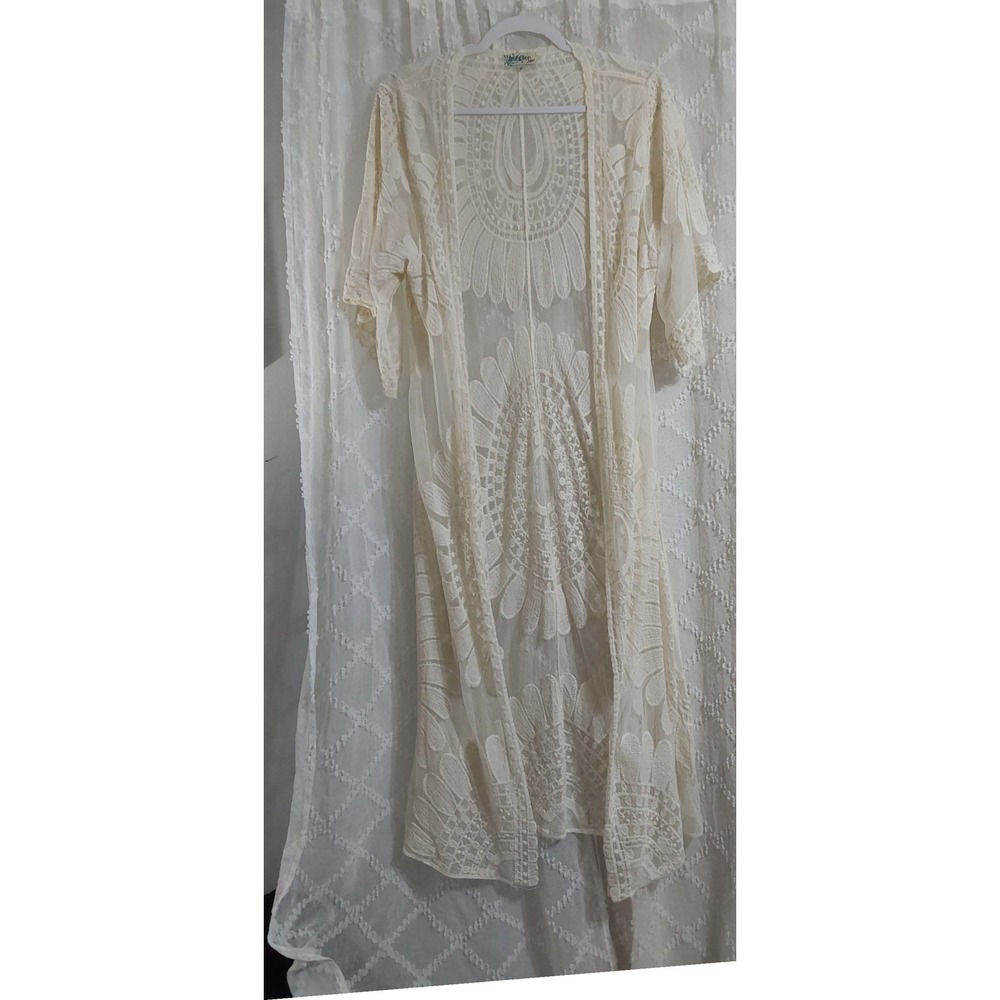 Rebellion Again Ivory Lace Duster Cardigan Medium Floral Sheer Open Front Long